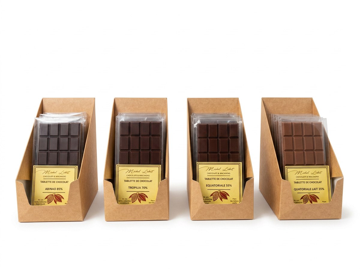 Tablette de chocolat — Au choix en boutique : Abinao 85 %, Tropilia 70 %, Équatoriale noire 55 % ou Équatoriale lait 35 %.