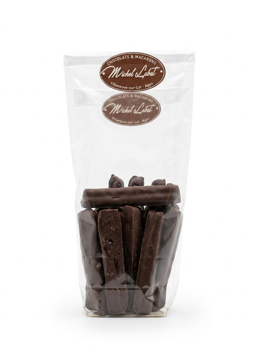 Orangettes 180 g — Écorces d'orange confites enrobées de chocolat noir.