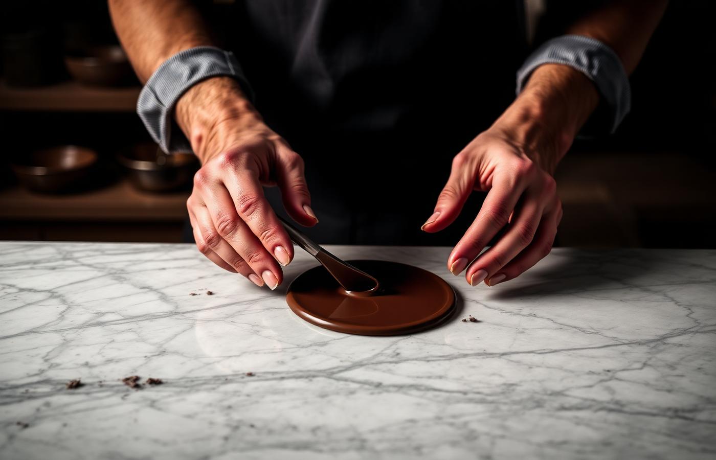 Chocolatier Michel Labat tempérant le chocolat dans l'atelier artisanal
